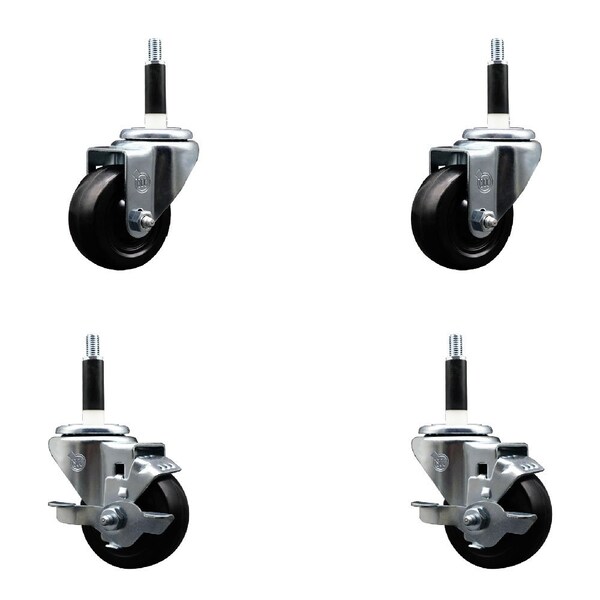 3'' SS Soft Rubber Wheel Swivel 7/8'' Expanding Stem Caster Set 2 Brakes, 4PK